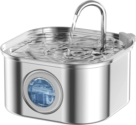 Cat Water Fountain, 3.2L/108oz Stainless Steel Pet Water Fountain, cat Fountain with Super Quiet &Transparent Window Design- Water Fountains for Cats Indoor - Pet Explorer
