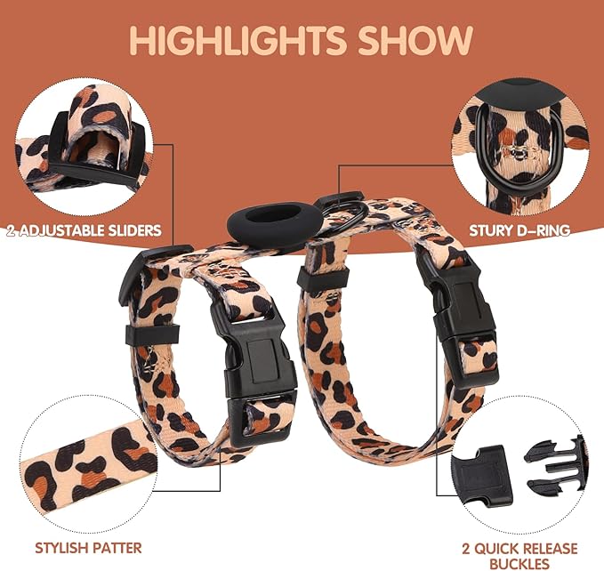 BINGPET Cat Harness with Airtag Holder, Cat Harness and Leash Set Escape Proof for Walking Travel Outdoor, Soft Adjustable Kitten Harnesses for Small Medium Large Cats, Leopard(Chest:12.5"-18")
