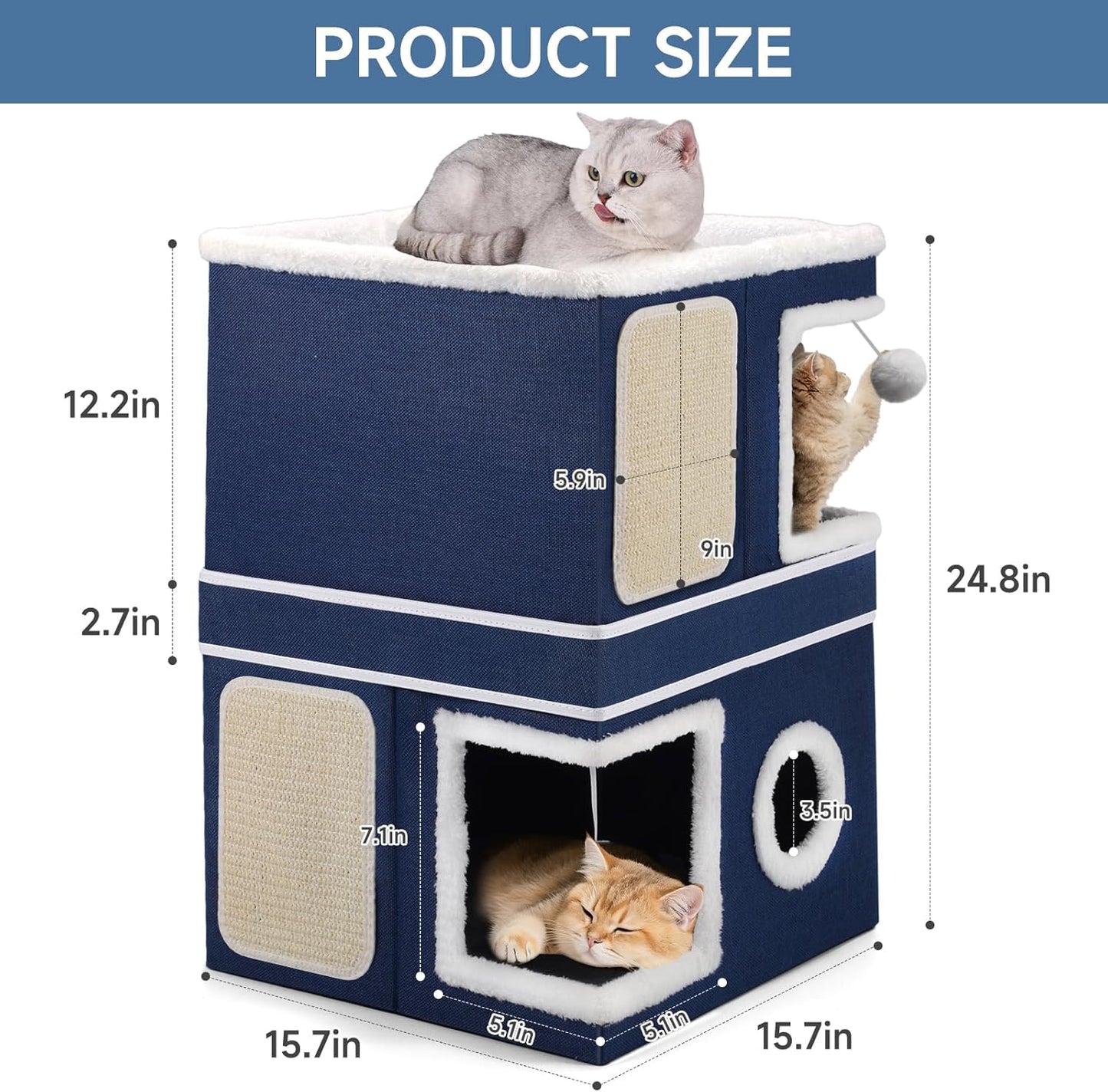 2-Storey Cat House for Indoor Cats, Large Double Cat Bed Cave with Hideaway Condos, Scratch Pads, Hanging Balls, Foldable Indoor Cat House Hold Up to 30LBS, Cat Cube for Multiple Cats Kitten, Blue - Pet Explorer