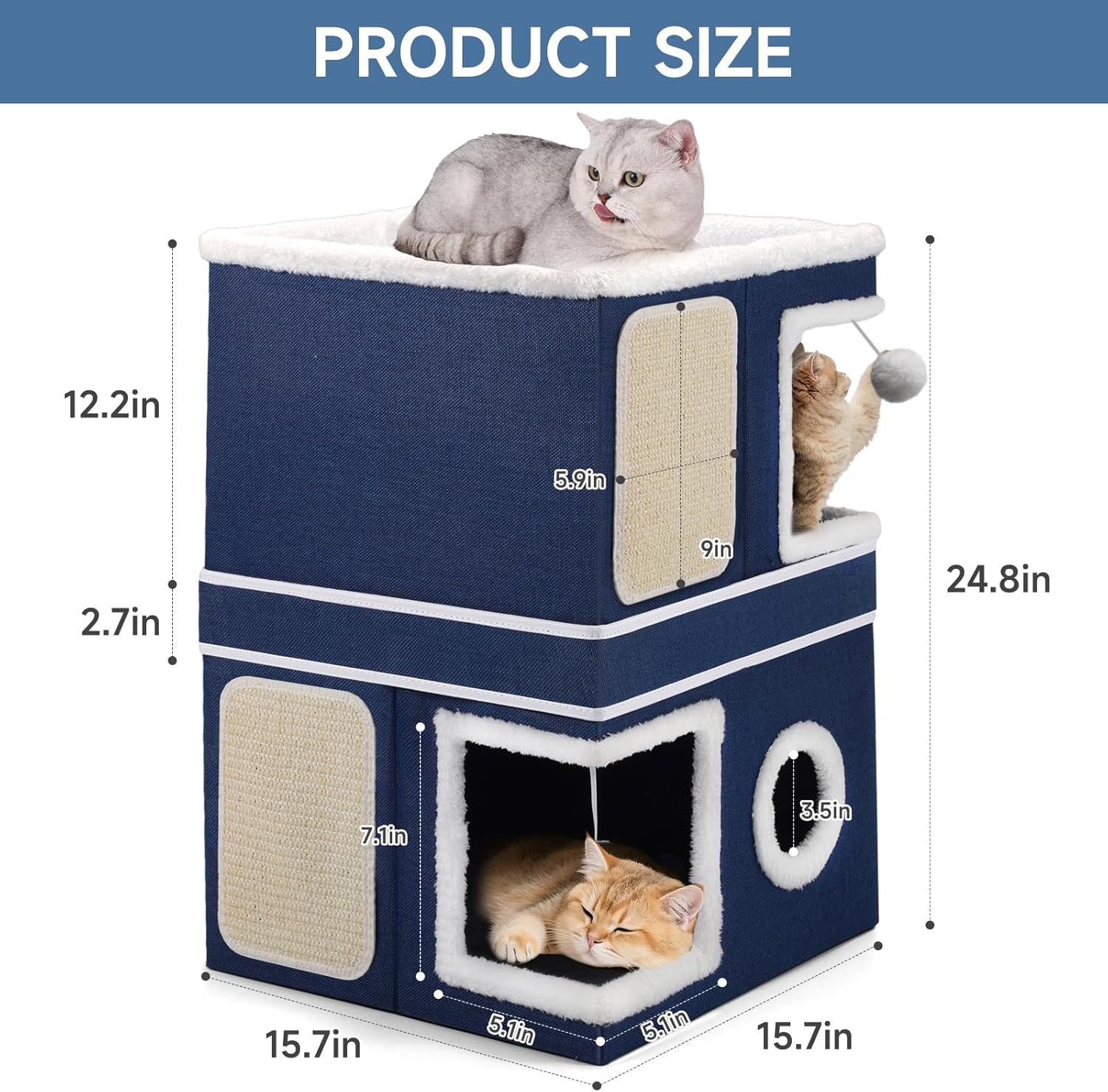 2-Storey Cat House for Indoor Cats, Large Double Cat Bed Cave with Hideaway Condos, Scratch Pads, Hanging Balls, Foldable Indoor Cat House Hold Up to 30LBS, Cat Cube for Multiple Cats Kitten, Blue - Pet Explorer