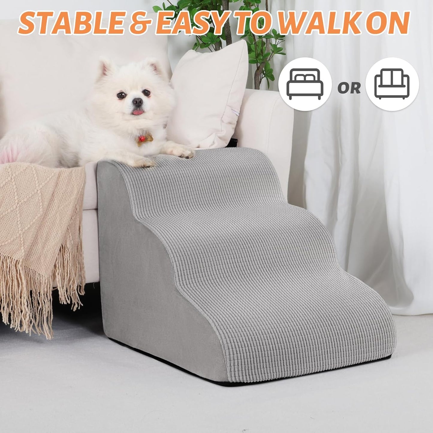 3-Step Dog Ramp and Stairs for Sofa and Chair - Non-Slip Sturdy Pet Steps for Small Dogs and Cats,15.7" H,Light Grey - Pet Explorer