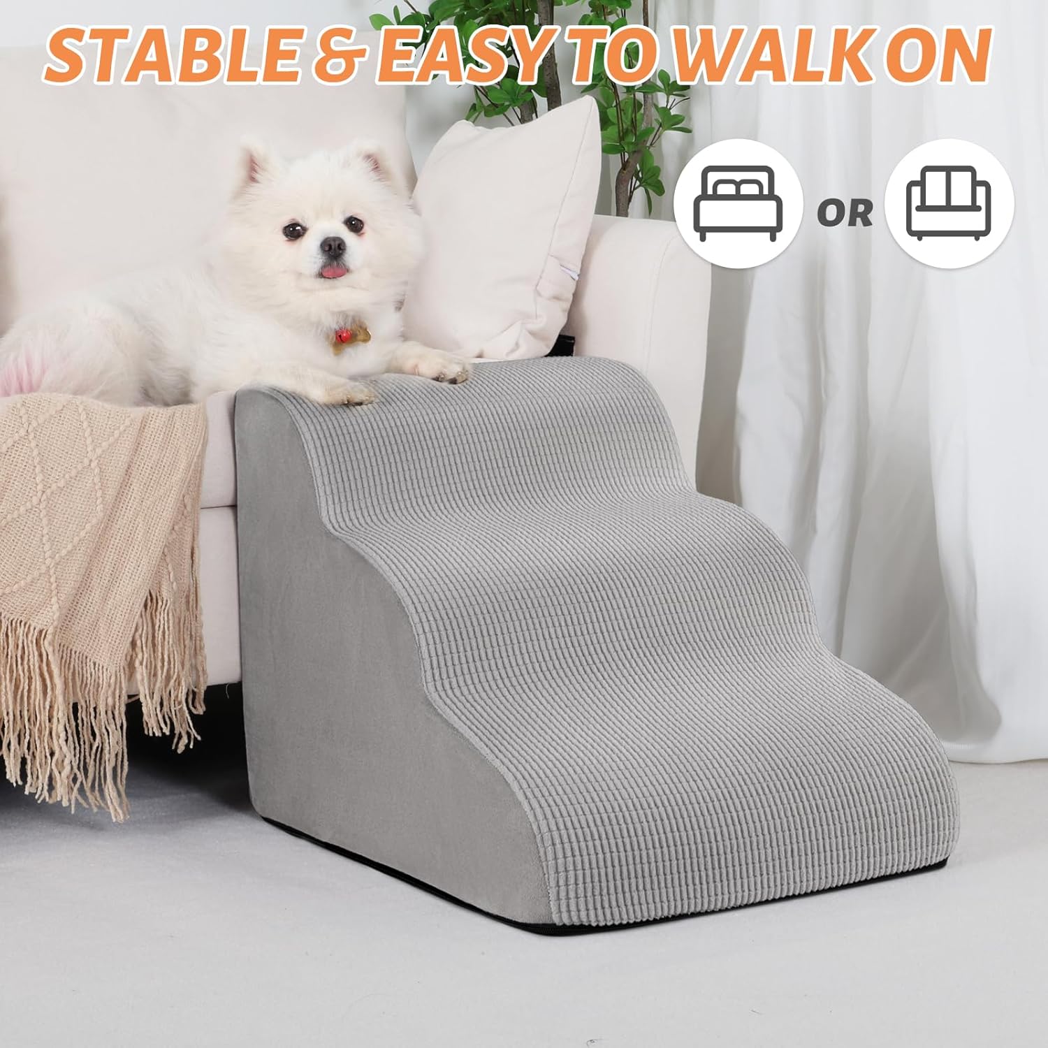 3-Step Dog Ramp and Stairs for Sofa and Chair - Non-Slip Sturdy Pet Steps for Small Dogs and Cats,15.7" H,Light Grey - Pet Explorer
