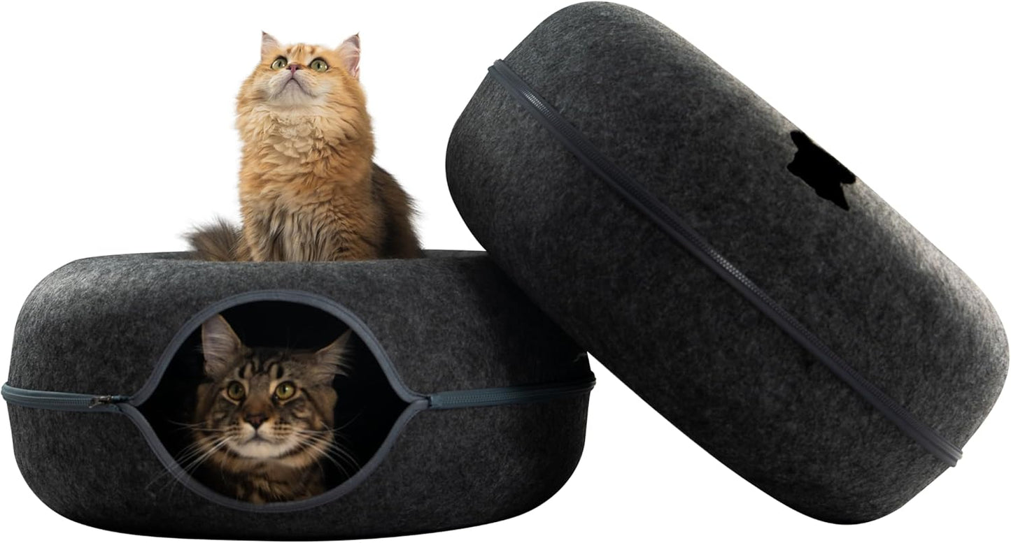 CATTASAURUS Peekaboo Cat Cave for Multiple & Large Cats Up to 30-45 Lbs, Scratch Detachable & Washable Tunnel Bed, Comfy Donut Cat Cave (Dark Gray + Dark Gray, Large) - Pet Explorer