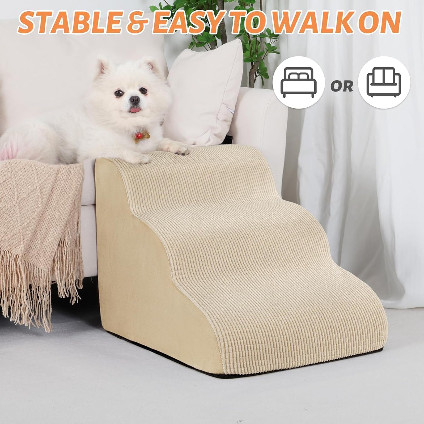 3-Step Dog Ramp and Stairs for Sofa and Chair - Non-Slip Sturdy Pet Steps for Small Dogs and Cats,15.7" H,Beige - Pet Explorer