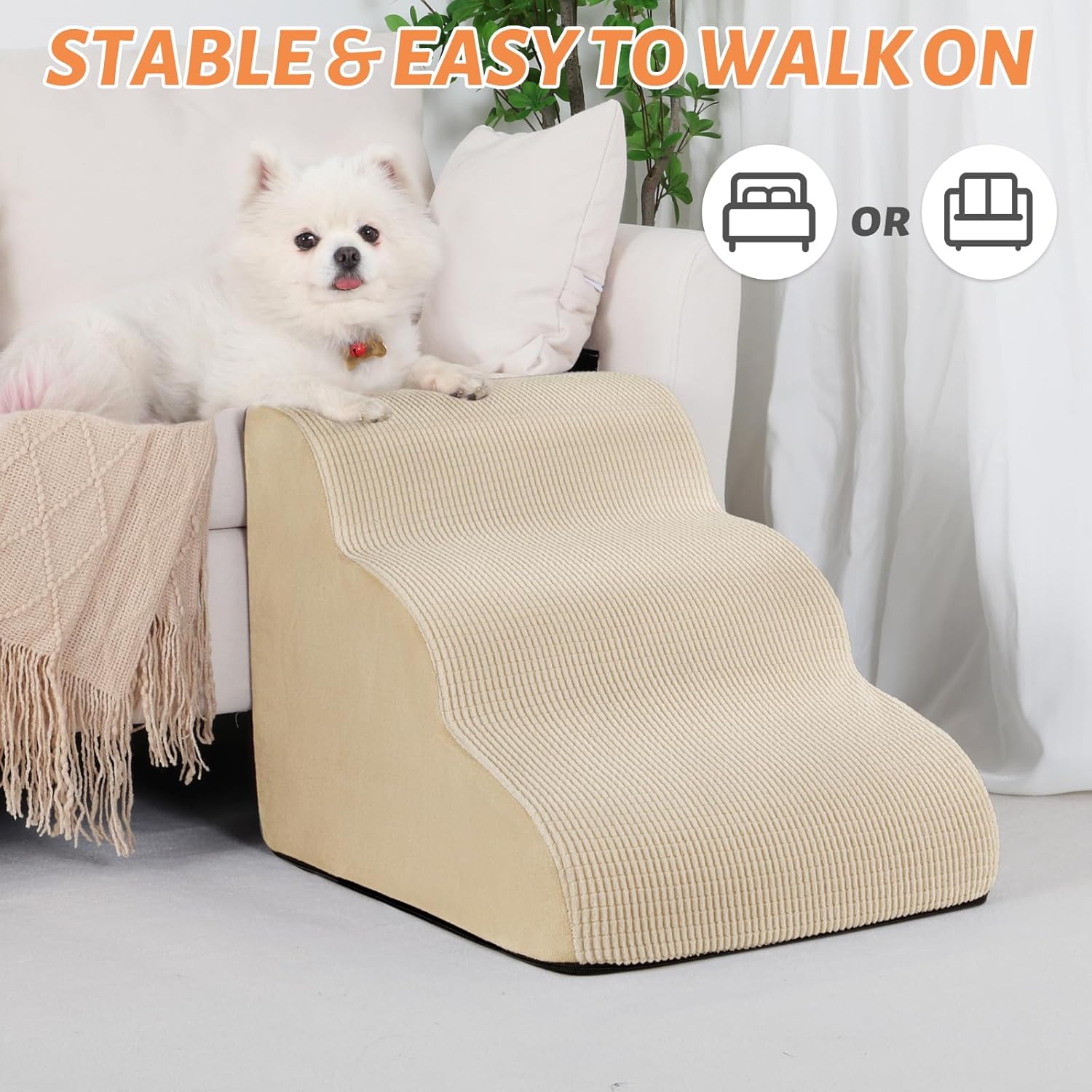 3-Step Dog Ramp and Stairs for Sofa and Chair - Non-Slip Sturdy Pet Steps for Small Dogs and Cats,15.7" H,Beige - Pet Explorer