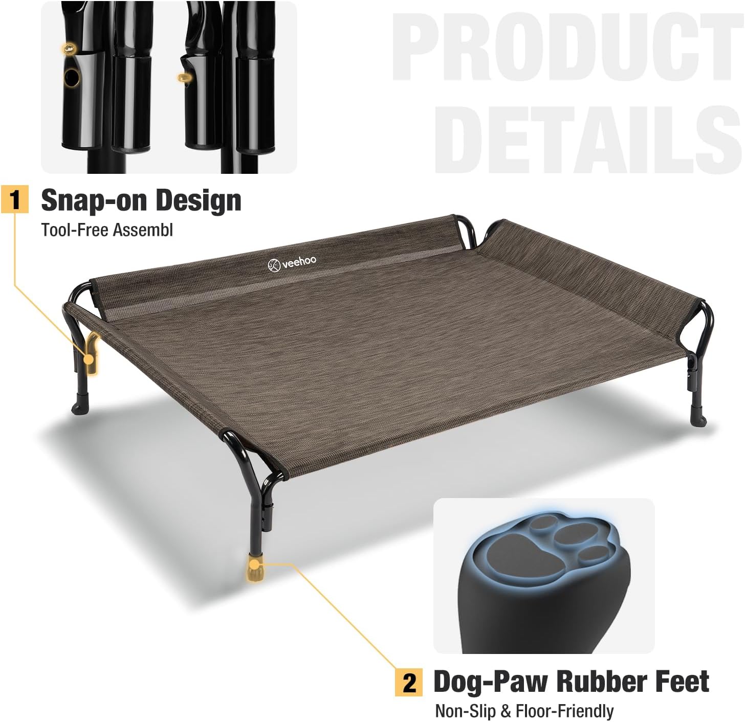 Veehoo Medium Elevated Dog Bed, Guardrail, Non-Slip, Chewproof, Washable & Breathable Teslin Mesh, Brown - Pet Explorer