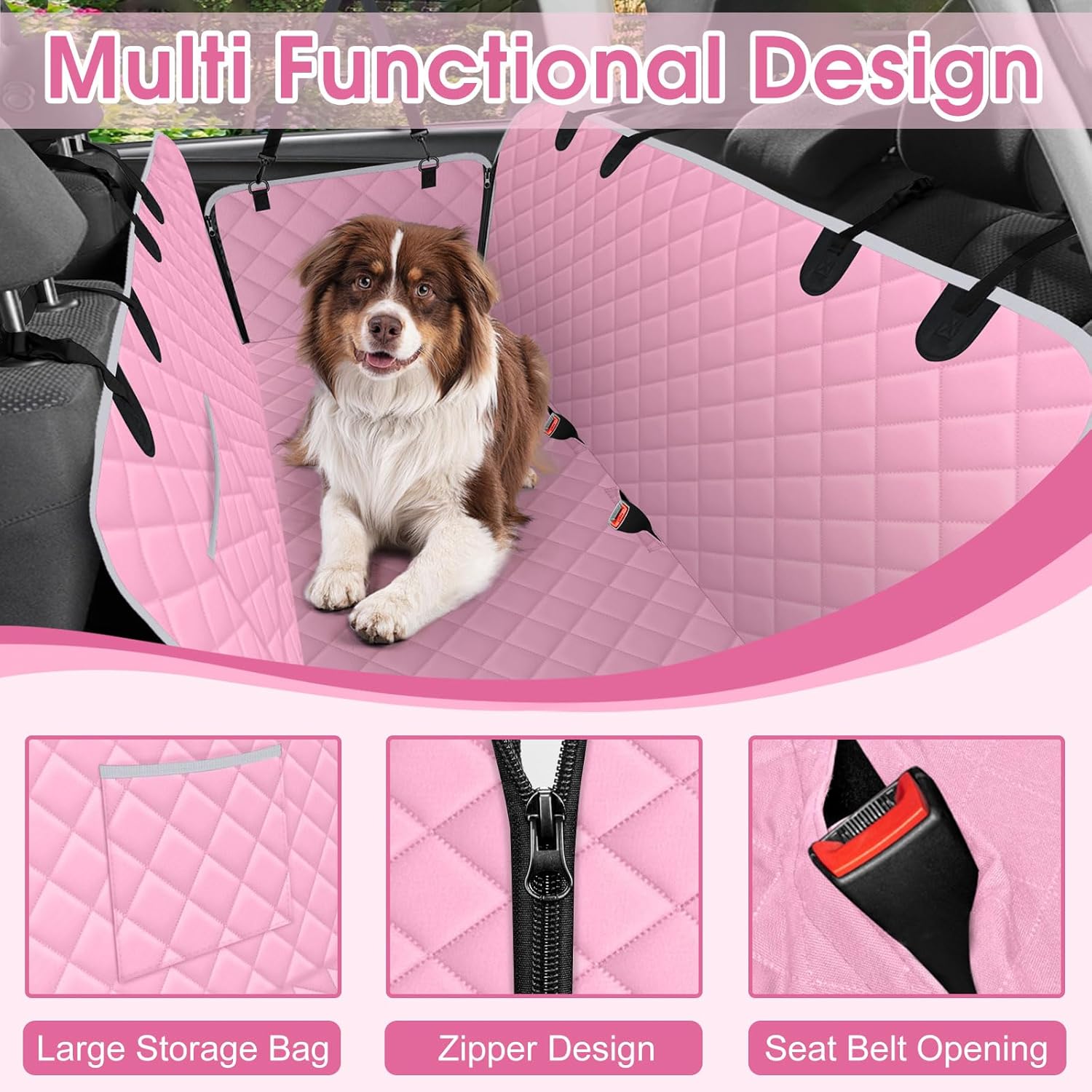 Waterproof Dog Car Seat Cover for Back Seat - Durable, Scratch Proof Pet Hammock with Nonslip Design & Storage Pockets, Fits Cars, SUVs, Trucks - S, Pink/Grey - Pet Explorer