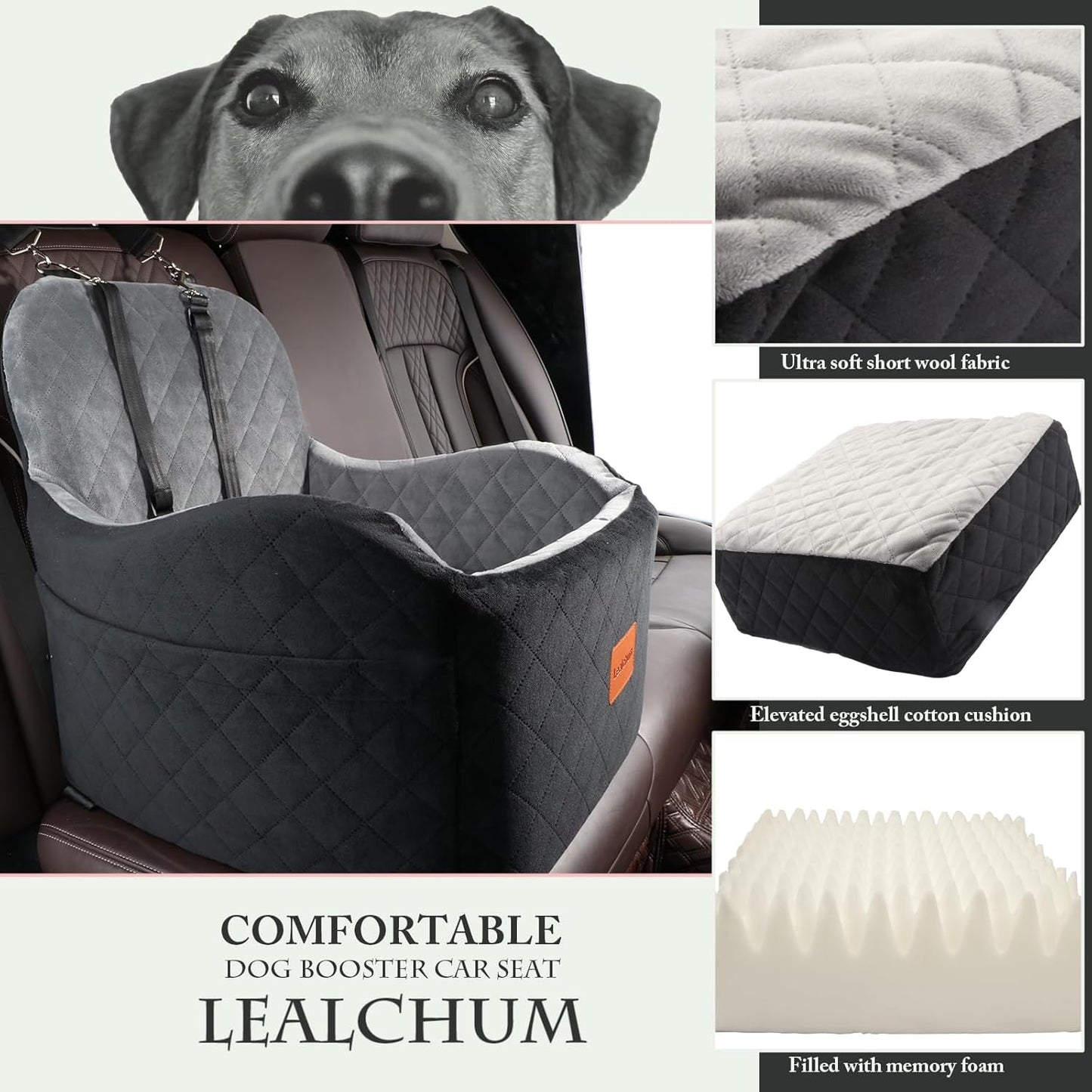 Dog Booster Car Seat for Small/Medium Dogs,6in Memory Foam Elevated Cushion,Fully Detachable and Washable,2 Clip-On Safety Leashes,Anti-Slip Base(Black/Grey,Medium) - Pet Explorer