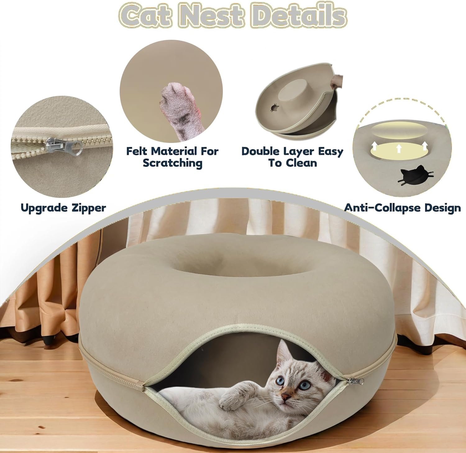 Donut Cat Tunnel Bed Peekaboo Cat Cave for Large Cats Up to 30 Lbs, Kitty Interactive Playing Tent House for Multiple Cats,Detachable,Scratch Resistant (Beige, Large - 24 Inch Diameter) - Pet Explorer