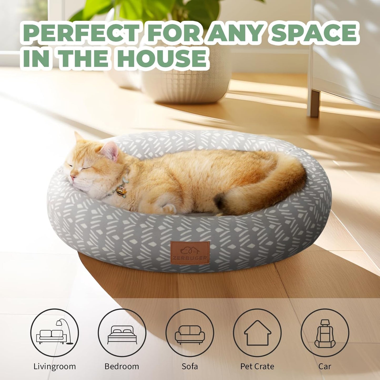 Cat Bed, 20In Dog Beds for Small Dogs, Calming Cat & Dog Beds for Indoor Pets, Pet Beds Comfortable Donut Round Ultra Soft (Grey Pattern, 20.0" L x 20.0" W x 6.5" Th) - Pet Explorer