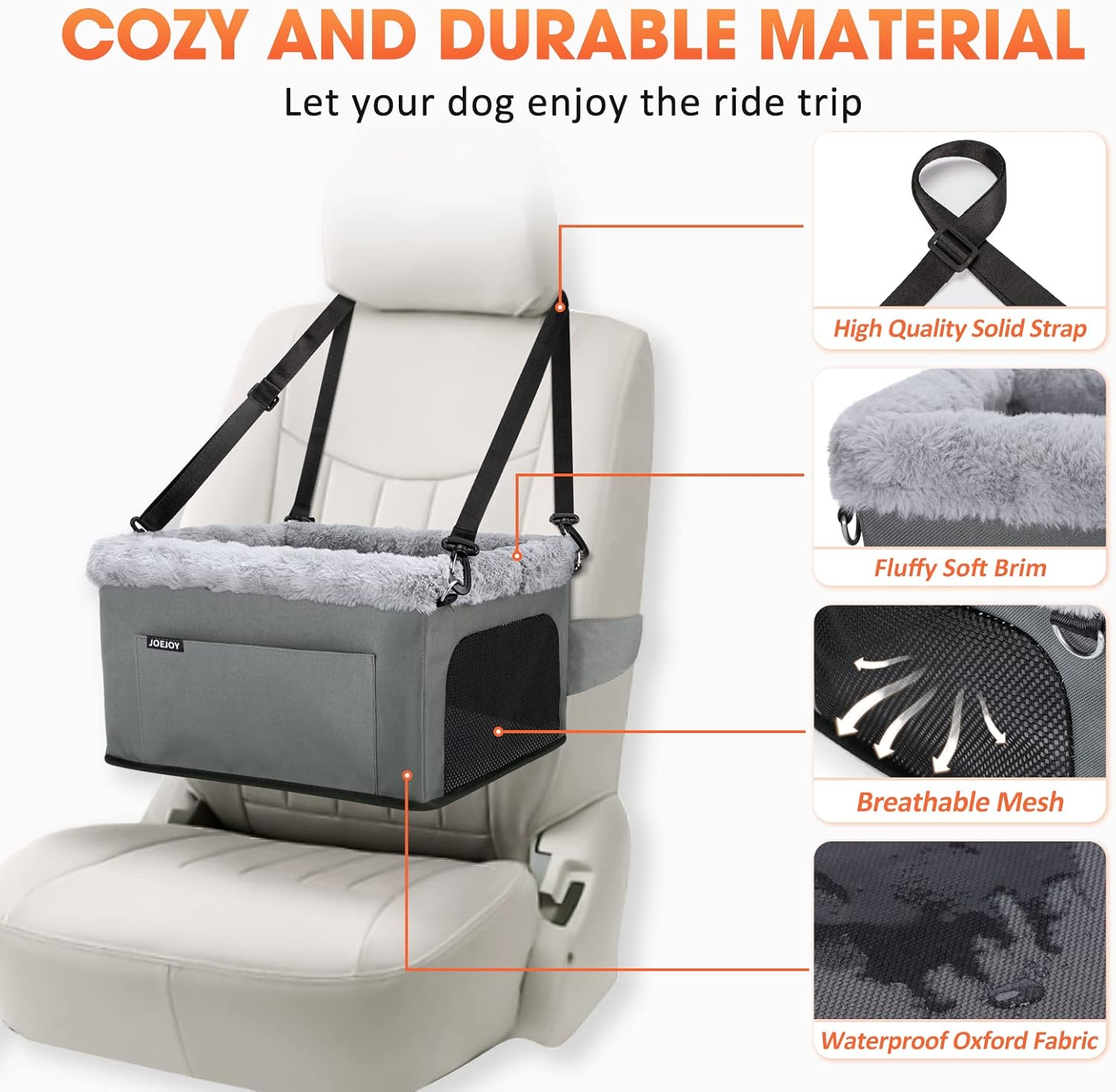 JOEJOY Deluxe Dog Booster Seat with Sturdy Metal Frame and Safety Leash for Small Pets up to 20 lbs - Portable Puppy Dog Car Seat with Thick Cushion and Storage Pockets for Small Dogs - Pet Explorer