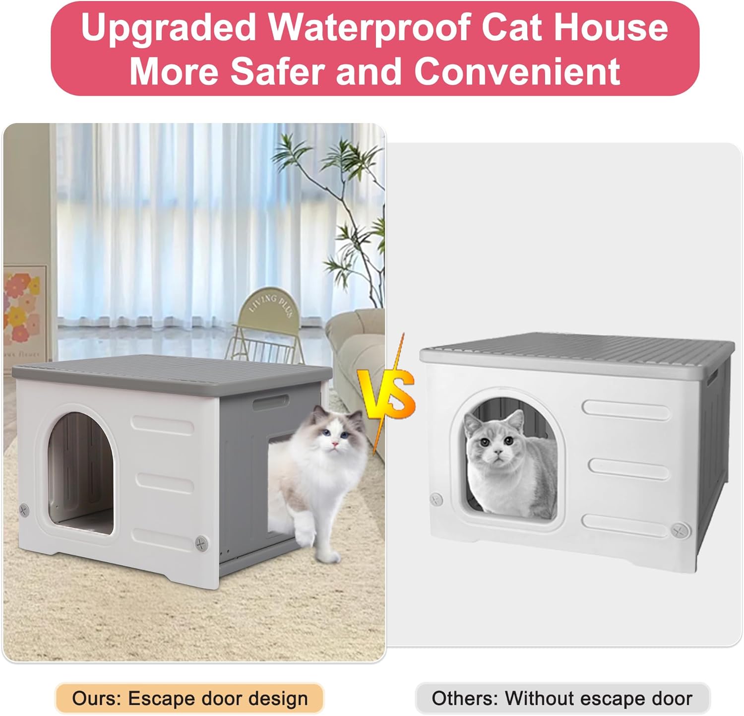 Rockever Plastic Cat House Outdoor with Escape Door, Waterproof Feral Cat House Outdoor Indoor, Sturdy Cat House for Outdoor Cats with Cat Bed Mat, Assemble Easily-Grey - Pet Explorer