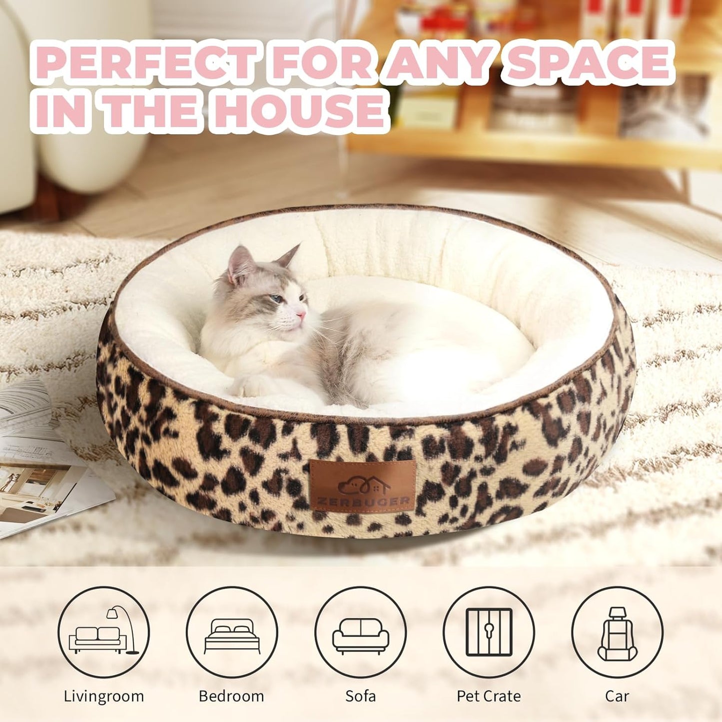 20in Leopard Round Cat Dog Bed Gift for Large Medium Small Dogs Cats, Machine Washable Sleeping Sofa, Non-Slip Bottom Breathable Soft Calming Pet Cuddler for Indoor/Outdoor/Car/Cage - Pet Explorer