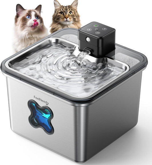 Cat Water Fountain Stainless Steel, FEELNEEDY Visual Filter Automatic Pet Water Fountain for Cats & Dogs Dispenser, Cordless Battery Operated Water Fountain for Cats Indoor - 3.2L/108oz - Pet Explorer