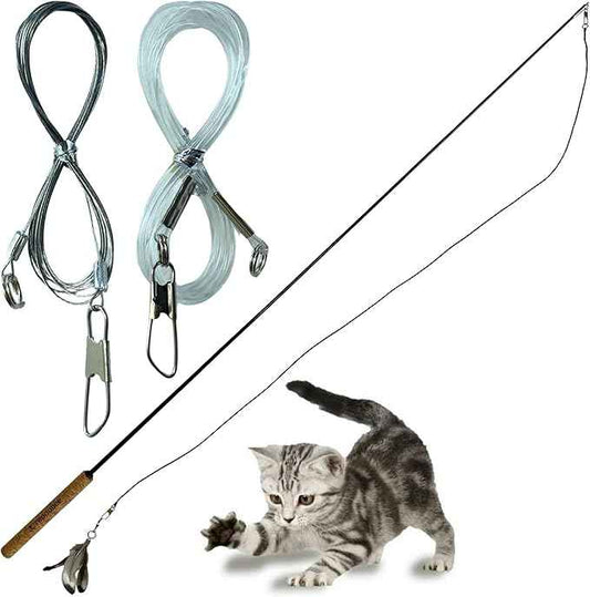 Forever Stick and 3 Strings including Chew Proof Metal Wire - The Unbreakable Cat Wand Toy, Durable Cat Toy Wand, Extra Long Cat String Toy, Cat Fishing Pole Toy for Bored Indoor Adult Cats, Stick Toy
