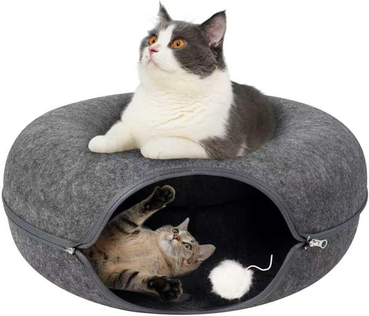 Pawise Peekaboo Cat Cave Donut Tunnel Bed, Cat Tunnel Bed,Bonus Separate Pom-Pom Bell Toy (Not Attached to Cave),Convertible Felt Cats Cave for Indoor Catty(Large) - Pet Explorer