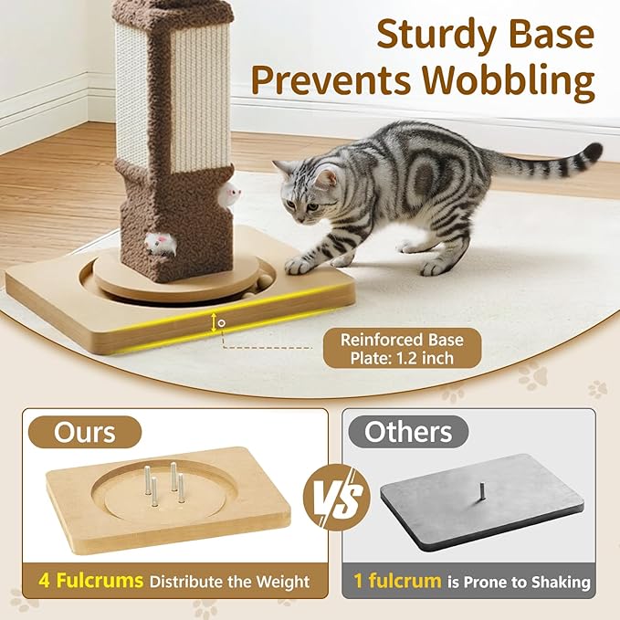 Tall Cat Scratching Post for Large Cats Kittens, 33" Indoor Sisal Vertical Pole Heavy Duty Square Structure with 4 Interactive Mouse Holes and Track Ball Base, Shields Furniture from Scratches