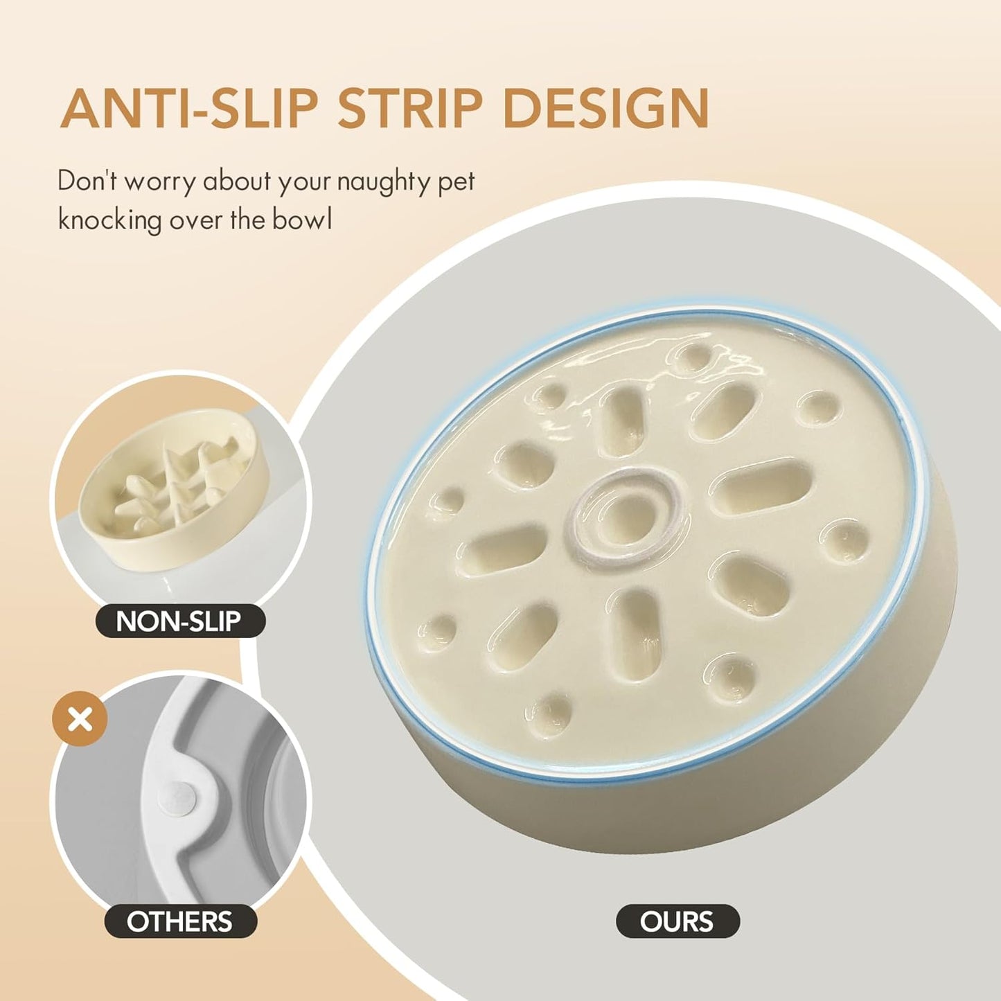 6.1inch Ceramic Dog Raised Slow Feeder Set, Elevated Bowl with Wooden Stand for Small Dog, Pet Slow Feeder Dish for Fast Easters, Preventing Choking (Beige, Single Bowl+ Stand) - Pet Explorer