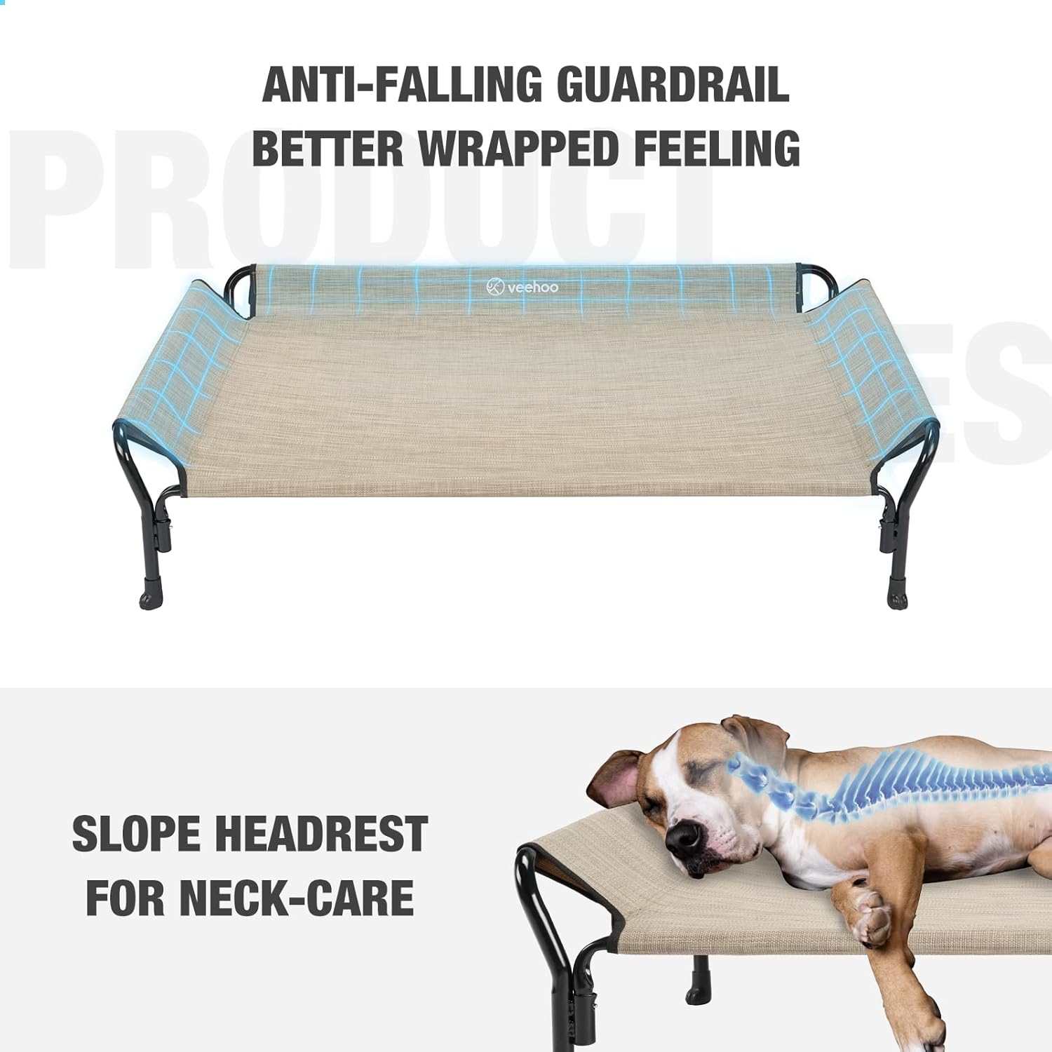 Veehoo Medium Elevated Dog Bed, Guardrail, Non-Slip, Teslin Mesh, 35"L x 26"W x 11"H, Beige Coffee - Pet Explorer