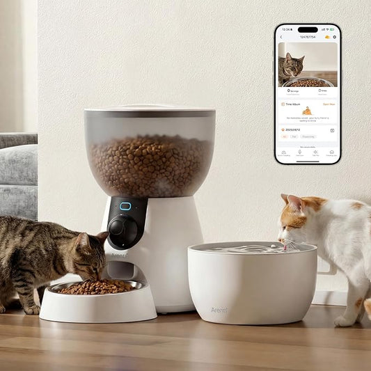 ARENTI Smart Automatic Cat Feeder and Water Fountain, 4L Pet Feeder Cat Food Dispenser with Camera, Dual Power, App Control, Live View & Night Vision, Meal Call, Hygienic Water Flow, Desiccant Bag