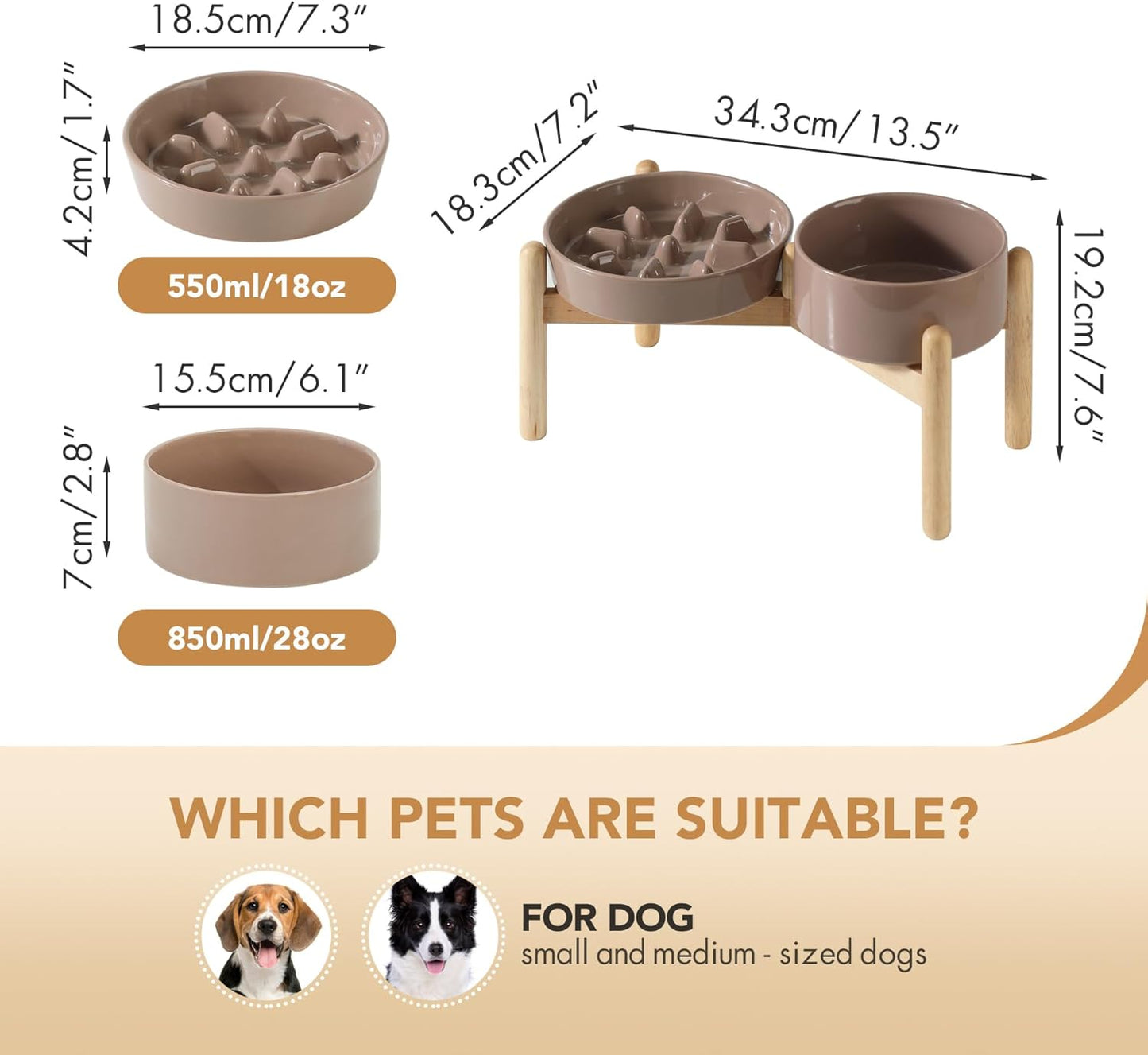 Ceramic Raised Slow Feeder Dog Bowl Set, Elevated 6.1inch Bowl and 7.3inch Slow Pet Food Dish with Wooden Stand for Small and Medium Dog (2 x Brown Coffee+ Stand) - Pet Explorer