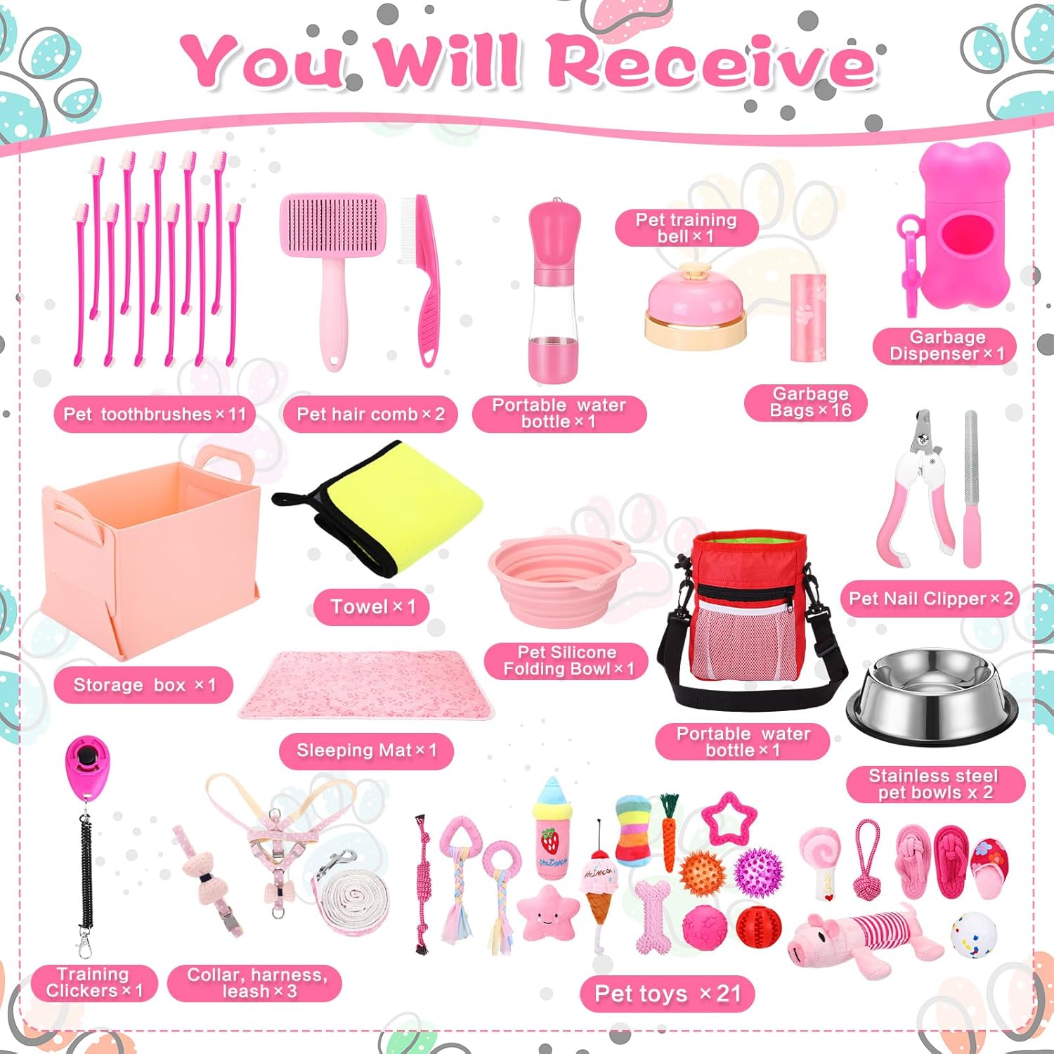 65 Pcs Puppy Supplies Starter Kit Small Dog Essentials Includes Dog Leash, Toys, Bowl, Brushes, Water Bottles, pet Blankets Puppy Accessories for New Welcome Gift Supplies(Cute,Pink) - Pet Explorer