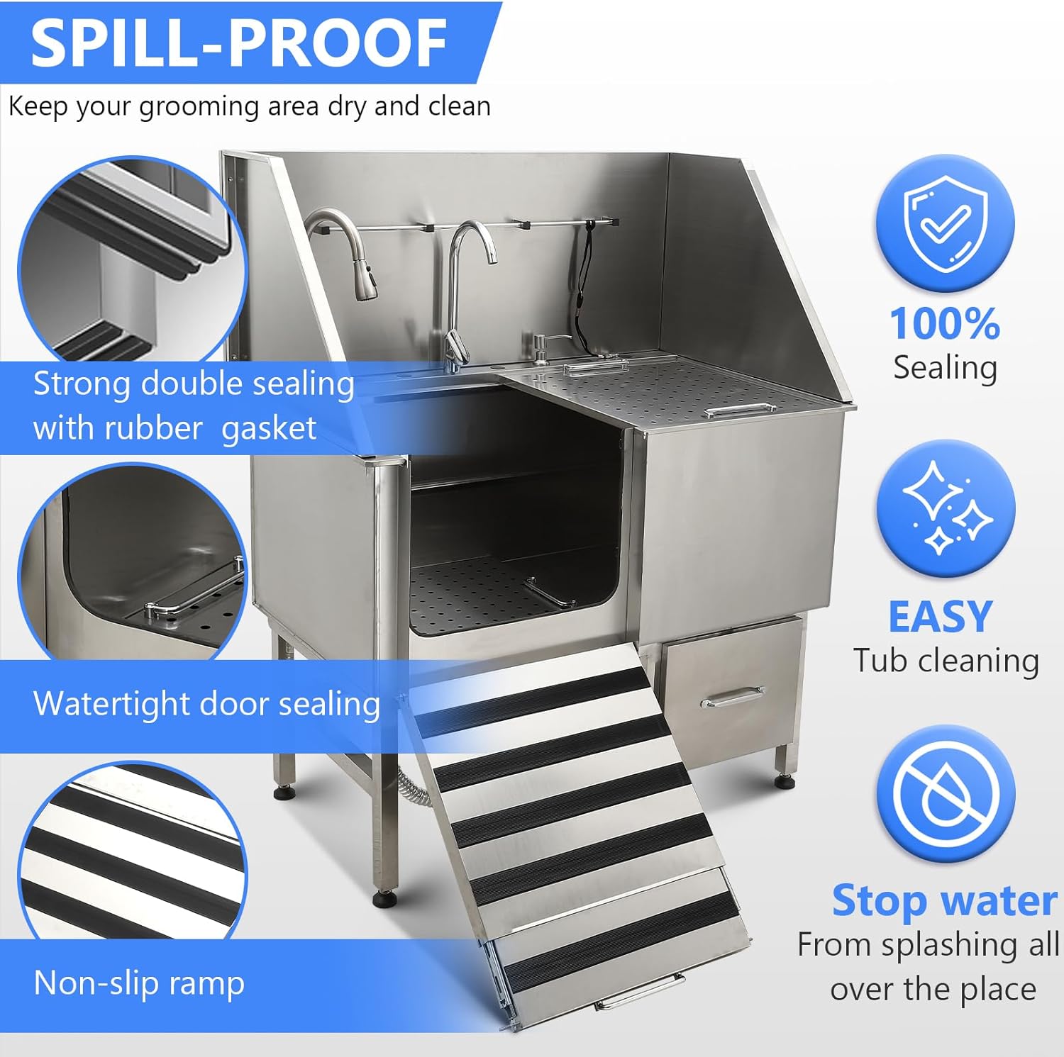 50" Dog Washing Station, Professional Stainless Steel Pet Dog Bathing Station with Ramp, Faucet, Storage Drawer, Floor Grate Dog Bathtub for Large, Medium, Small Pets (Right Ramp) - Pet Explorer