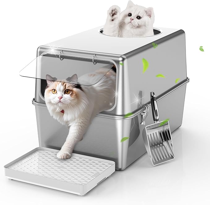 Stainless Steel Litter Box with Metal Lid and Scoop - Enclosed Metal Litter Box for Large Cats, Rust-Resistant, Odor-Control, Easy to Clean, Dog-Proof with Round Edge (Front Entry)