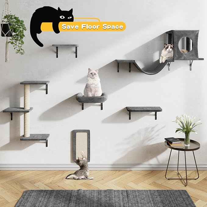 NUNU LAB Wall Mounted Cat Wall Shelves, 12-in-1 Cat Wall Climber with Condos House, Scratching Post, Bridge Ladder, Indoor Space-Saving Furniture for Kittens Play, Dark Gray