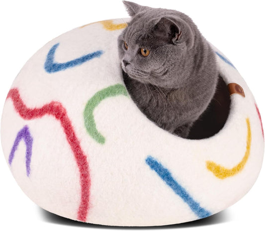 MEOWFIA Cat Cave – Premium Felt Cat Bed for Indoor Cats, Handmade 100% Merino Wool (Large, Ivory Rainbow) - Pet Explorer