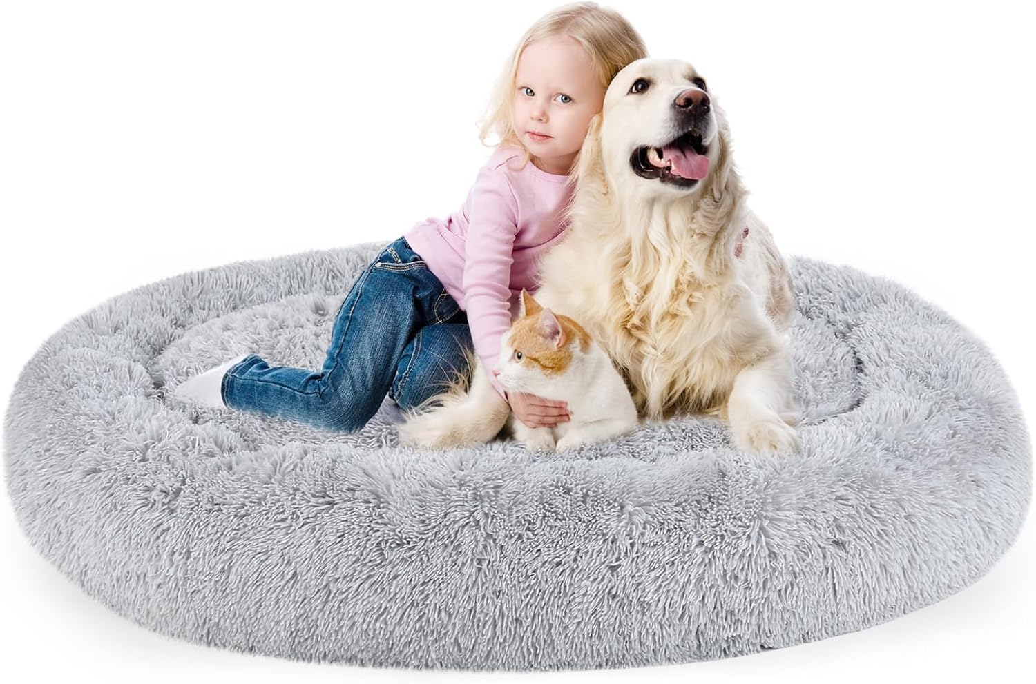 Dog Bed, Cat Calming Bed, Faux Fur Pillow Pet Donut Cuddler Round Plush Bed for Large Medium Small Dogs and Cats (Light Grey, 49.0" L x 38.0" W x 7.0" Th) - Pet Explorer
