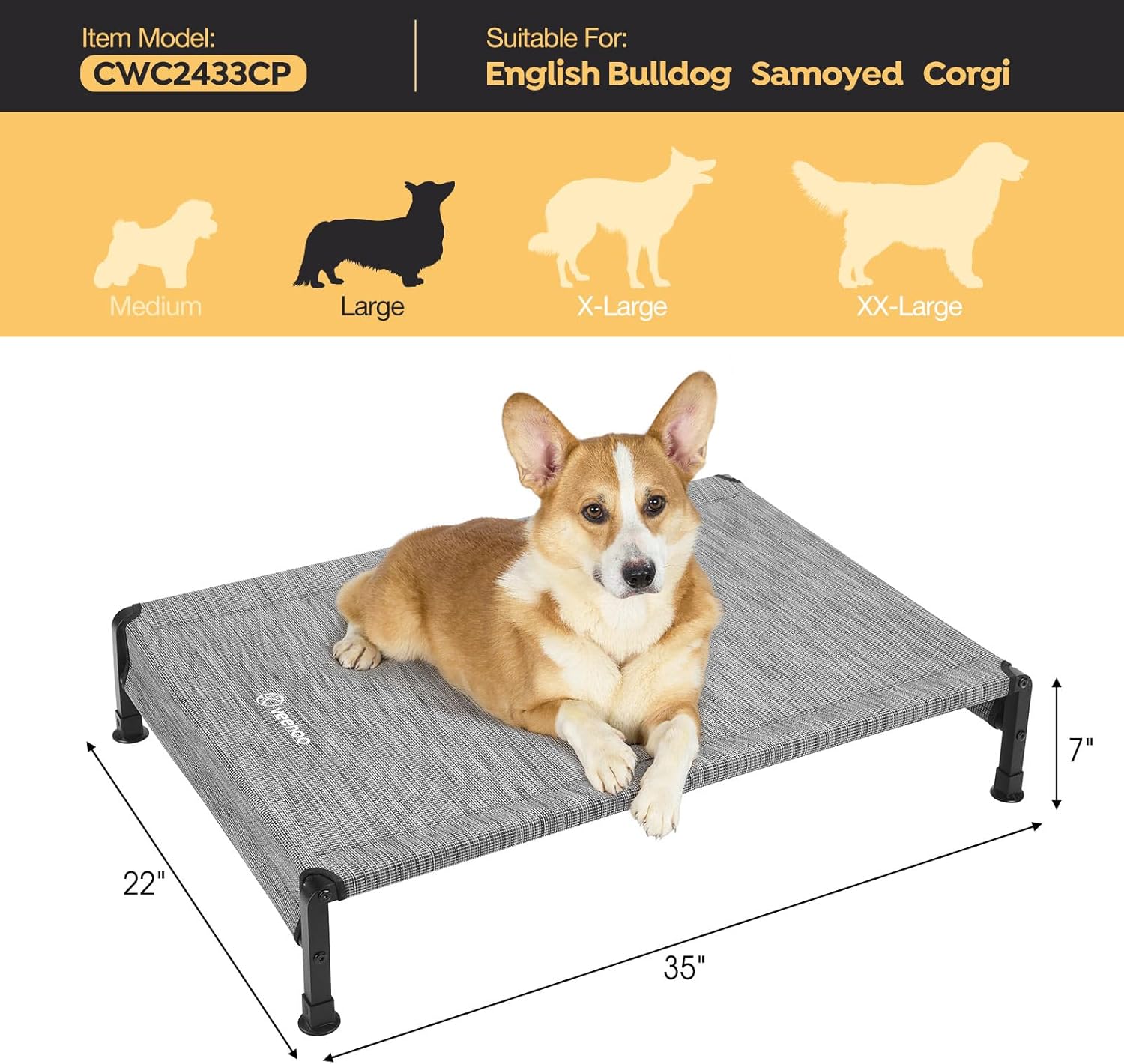Veehoo Cooling Outdoor Dog Bed, Heavy Duty Elevated Pet Bed with Washable & Breathable Teslin Mesh, Non-Slip Silicon Feet, Dog Cot Bed with Support Hem, 35" x 22", Black Silver, CWC2433 - Pet Explorer