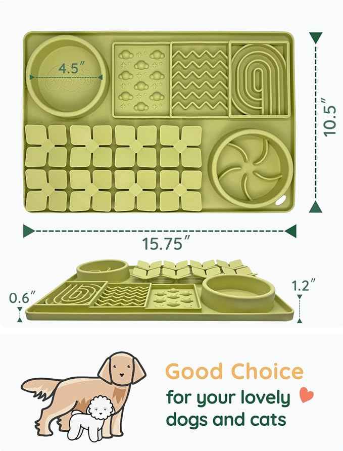 Slow Feeder Bowl for Dogs and Cats, Silicone Lick Mat & Snuffle Mat with Suction Cups - Interactive Puzzle Feeder, Slow Eating, Keep Busy and Reduce Vomiting (15.75" x 10.5" Green)