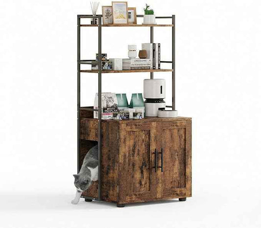 Cat Litter Box Enclosure, Hidden Litter Box Furniture with 3 Storage Shelves and Doors, Rustic Indoor Cat Cabinet, Multi-Functional Storage for Food, Cats Toilet Furniture