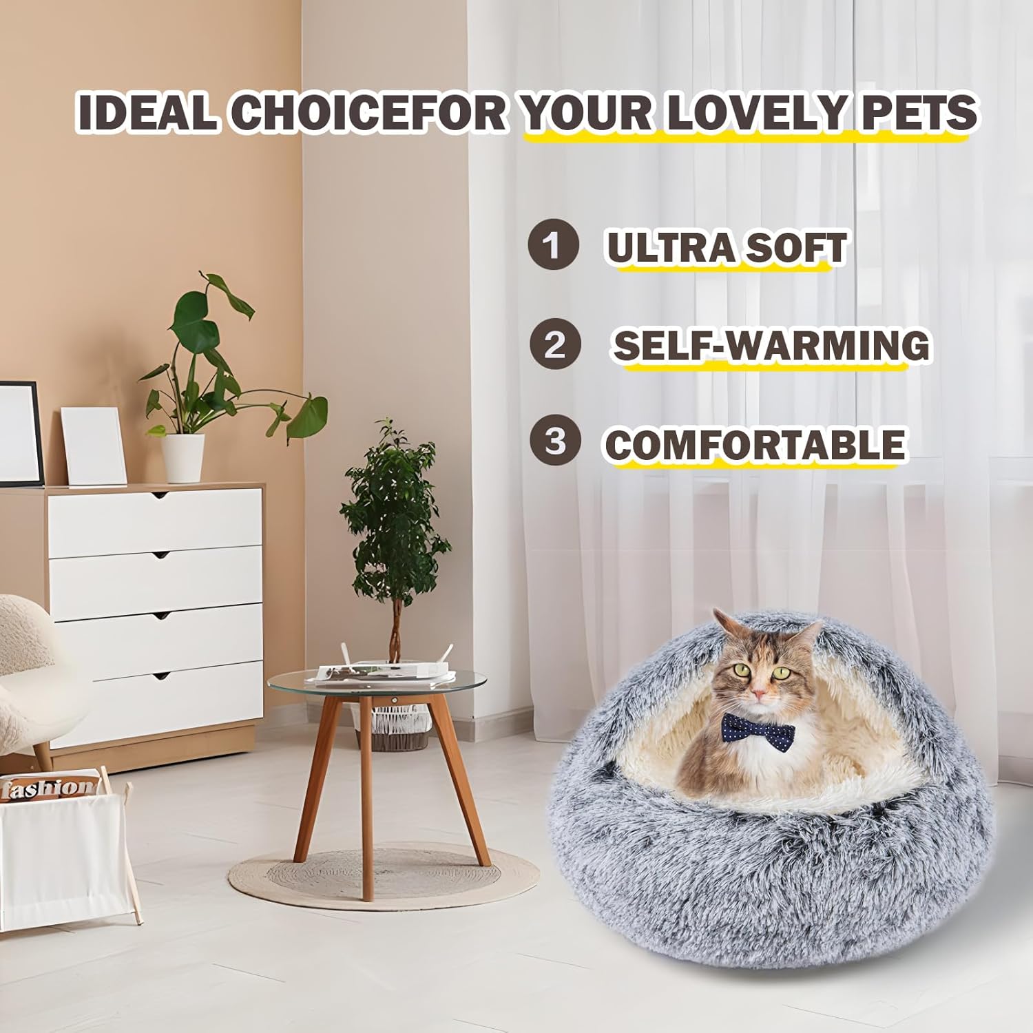 Cat Bed for Indoor Cats, Calming Cozy Cave with Self-Warming Plush, Entire Bed Machine Washable & Anti-Slip Base, Breathable Pet Bed for Small Cats&Dogs All Seasons (Grey, 24 * 24inch) - Pet Explorer