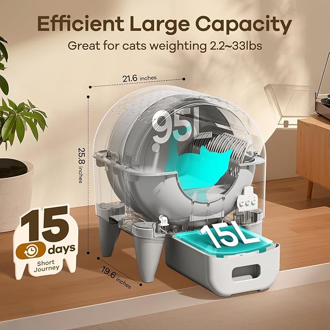 Automatic Cat Litter Box Self Cleaning Litter Box Large Capacity for Multiple Cats, App Control with Safety Sensors, Removable Washable Liner,2 Rolls Garbage Bags,Grey