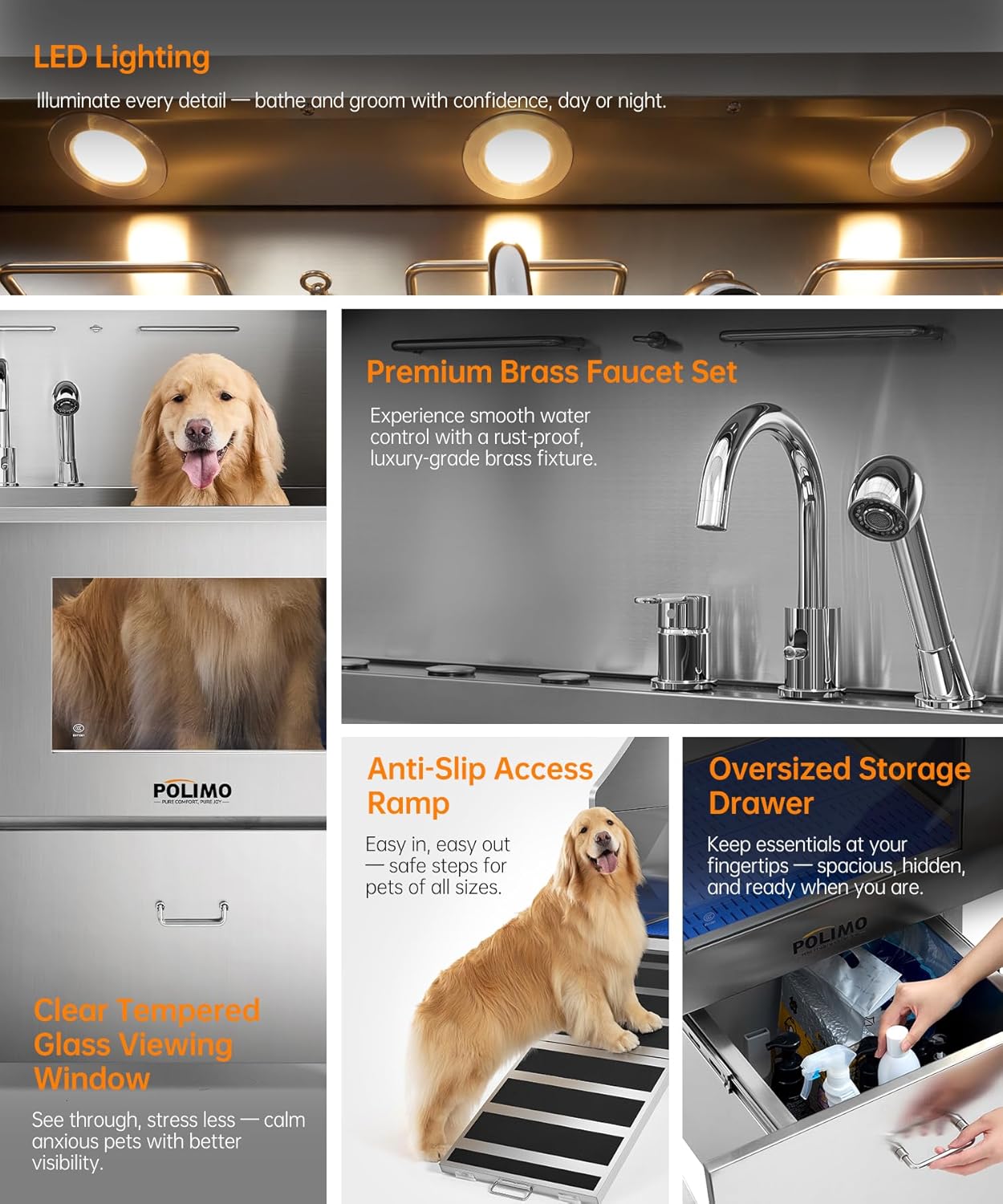 polimo Dog Washing Station, LED Professional Stainless Steel Dog Bathing Station 61", Dog Grooming Tub for Large, Medium & Small Dog - with Window, Ramp, Drawer, Floor Grate & Faucet (Left RAMP, 61") - Pet Explorer
