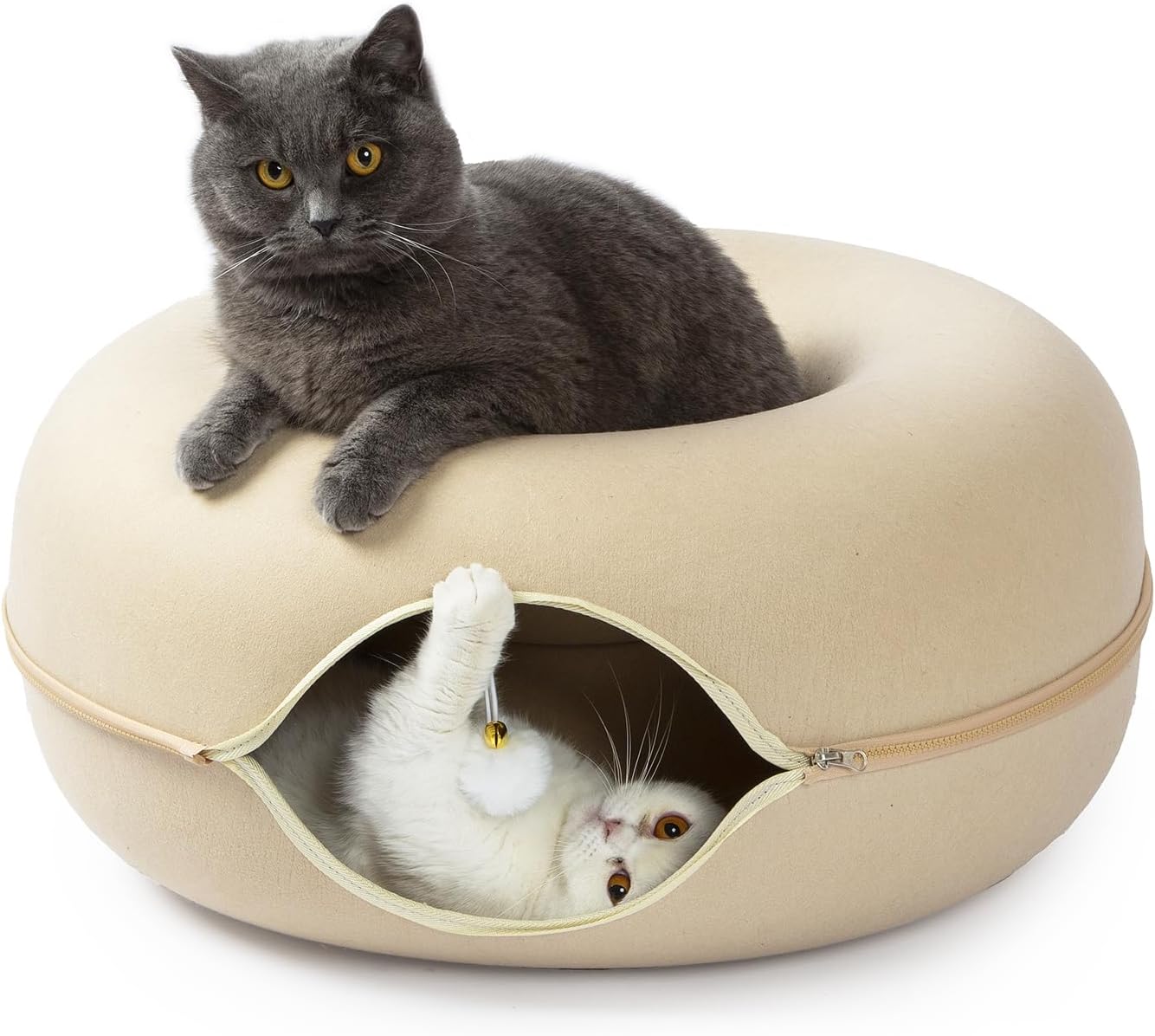 Jia Xi Cat Bed and Hideout, Large Indoor Cat Condo with Tunnel and Cave (24 inch, Beige) - Pet Explorer