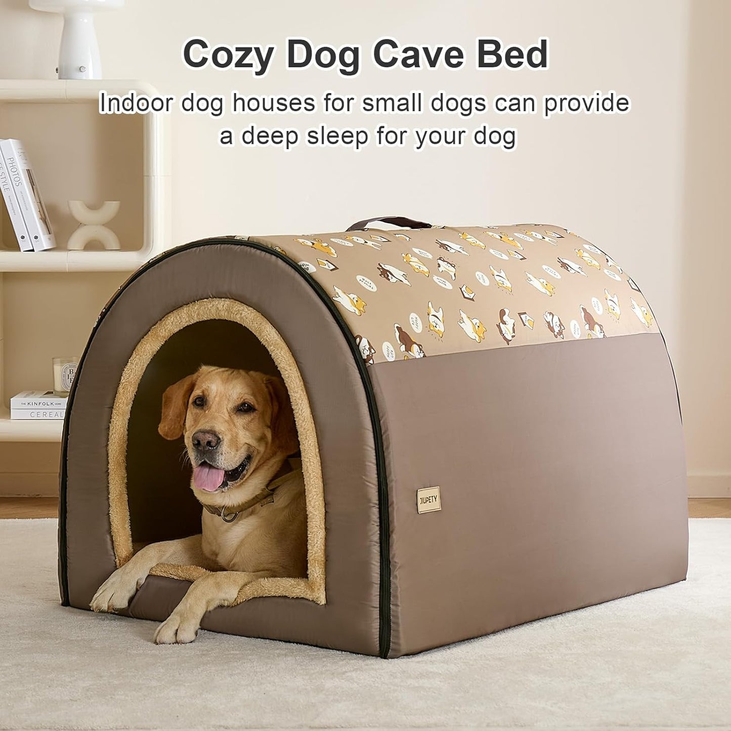 Jiupety 2 in 1 Dog House Indoor, Comfy Cave Bed Covered Dog Bed, Portable House for Large Dogs, 3XL(39"×32"×28"), Up to 90 Lb, Brown - Pet Explorer