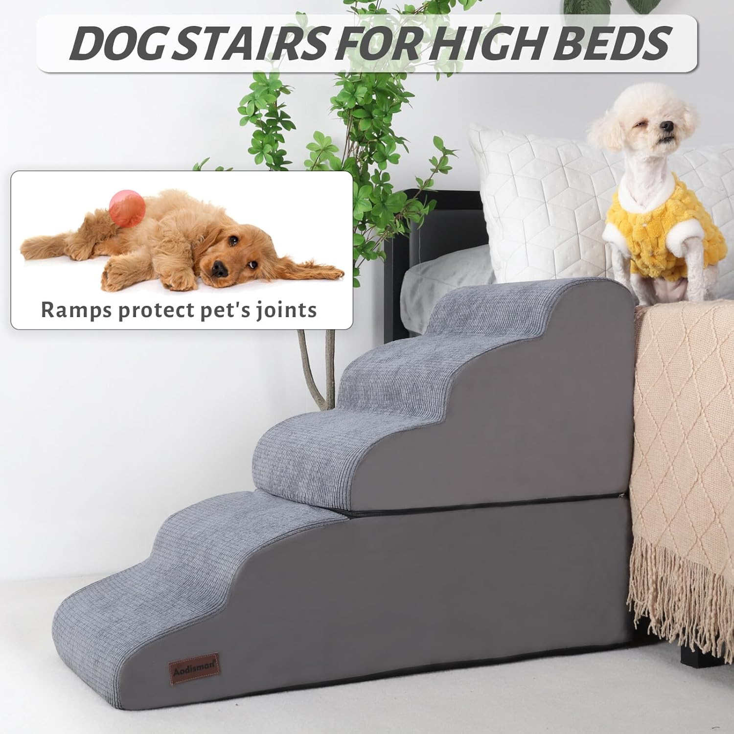 Dog Stairs and Ramp for High Bed, 5-Step Dog Steps for Small Dogs and Cats,Non-Slip Pet Stairs Suitable High Bed Climbing - Pet Explorer