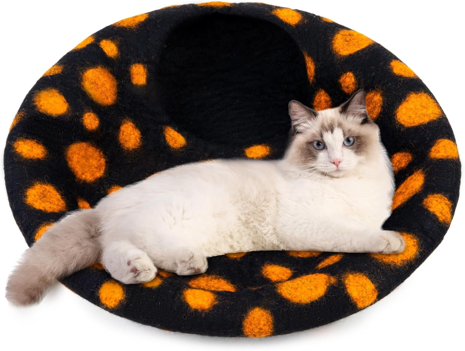 Woolygon Premium Felt Cat Cave Bed - Polka Dot Series - Wool Kitty Beds Handcrafted Kitten Caves Bed for Indoor Cats - Eco-Friendly Merino Wool, Foldable Cat Hideaway Cat Houses (Yellow/Black Dots) - Pet Explorer