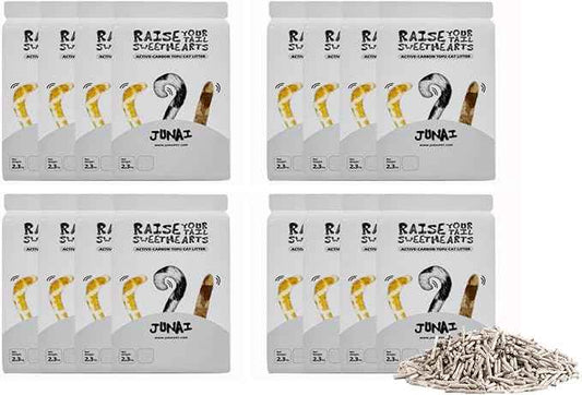 JUNAI Tofu Cat Litter 16 Packs(2.3kg x 16), Active-Carbon Natural Clumping Cat Litter Pellet flushable Biodegradable Kitty Litter, Good for All cat Litter Box, Lightweight dust Free and Odor Control