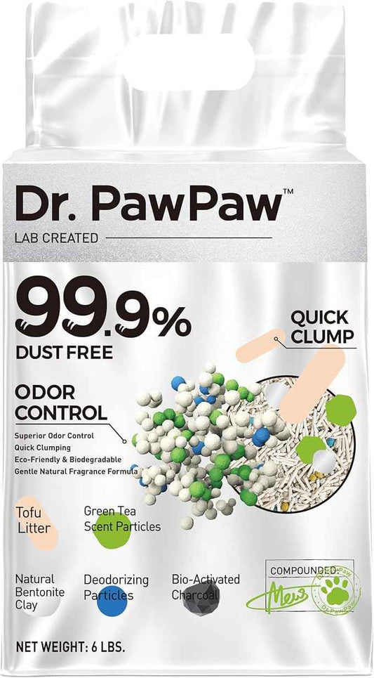 Tofu Cat Litter, Dr. PawPaw Clumping Cat Litter, Green Tea Scent 6 lb, Dust-Free Keep Kitty Tidy, Superior Odor Control Keep Step Fresh