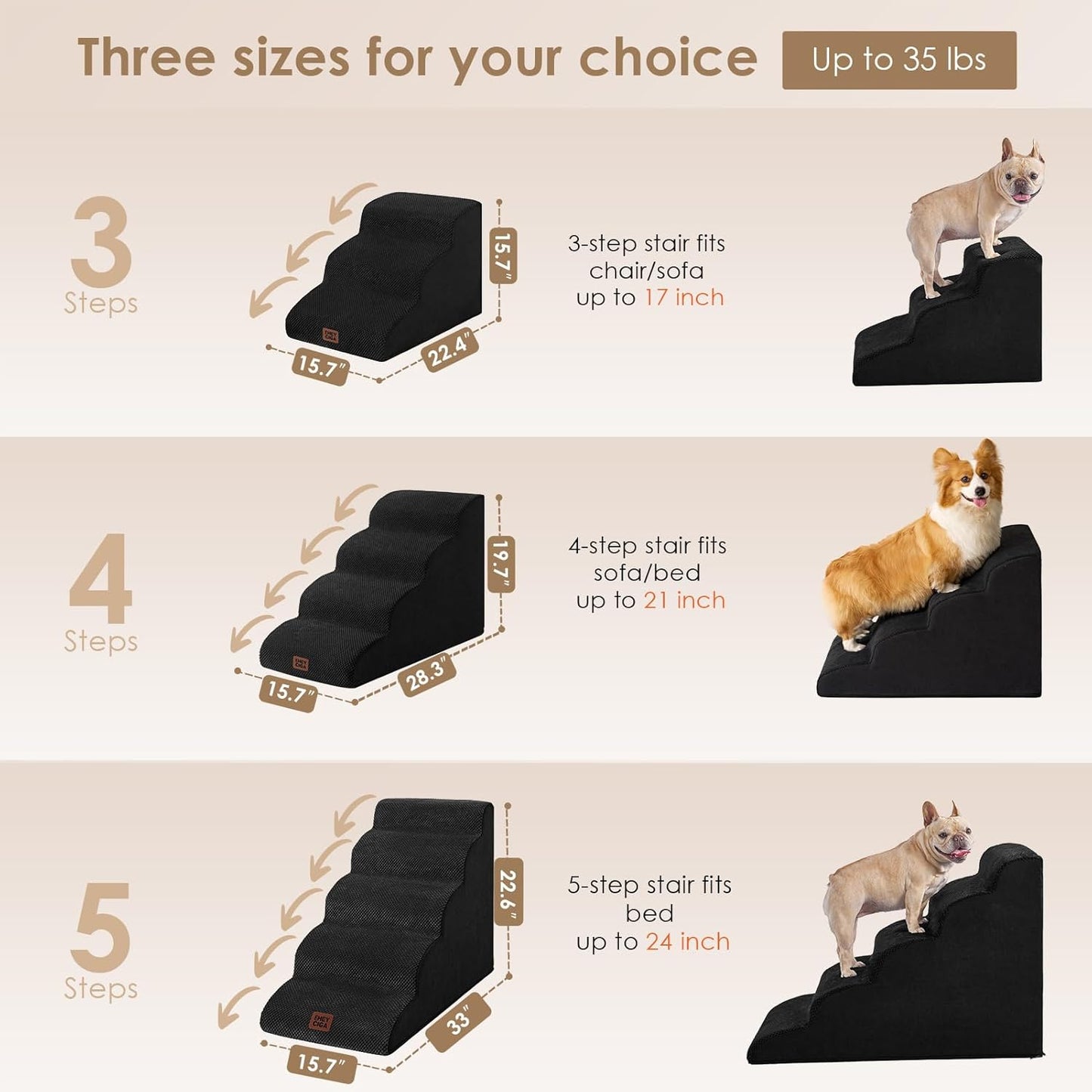 EHEYCIGA Curved Dog Stairs Ramp for Small Dogs 15.7" H, 3-Step Dog Steps for Couch Sofa and Chair, Pet Stairs for Cats, Non-Slip Balanced Pet Steps Indoor, Black - Pet Explorer