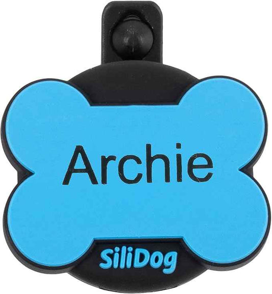 SiliDog AirTag Holder Silent Dog ID Tag – Personalized Engraved Silicone Pet Tag – Durable, Glow-in-The-Dark – Blue Bone