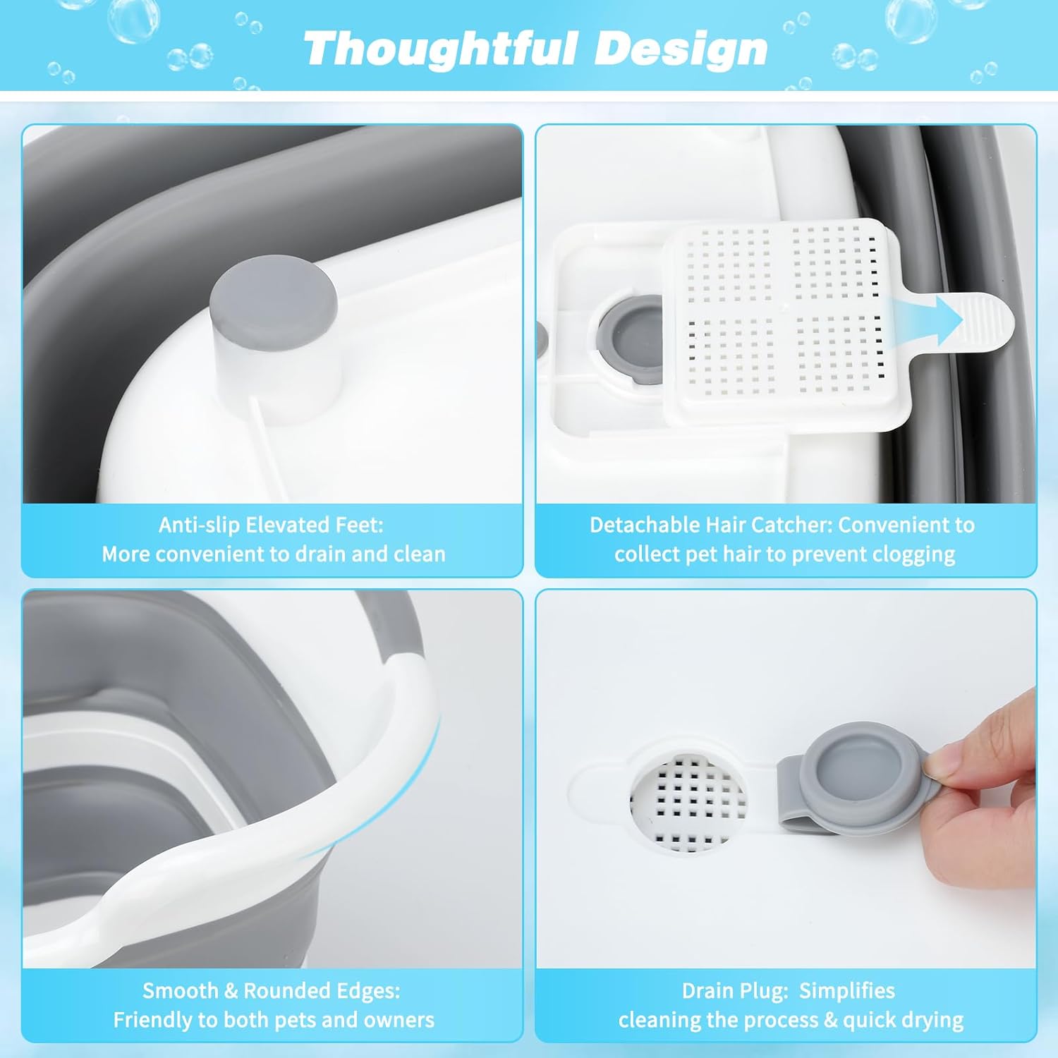 FHTONGE 7.13 Gal/27L Raised Collapsible Dog Bathtub with Drain Hair Catcher, Multifunctional Pet Washtub for Small to M Dog, Portable Puppy Tub Cat Shower Basin Laundry Basket Storage Organize Bucket - Pet Explorer