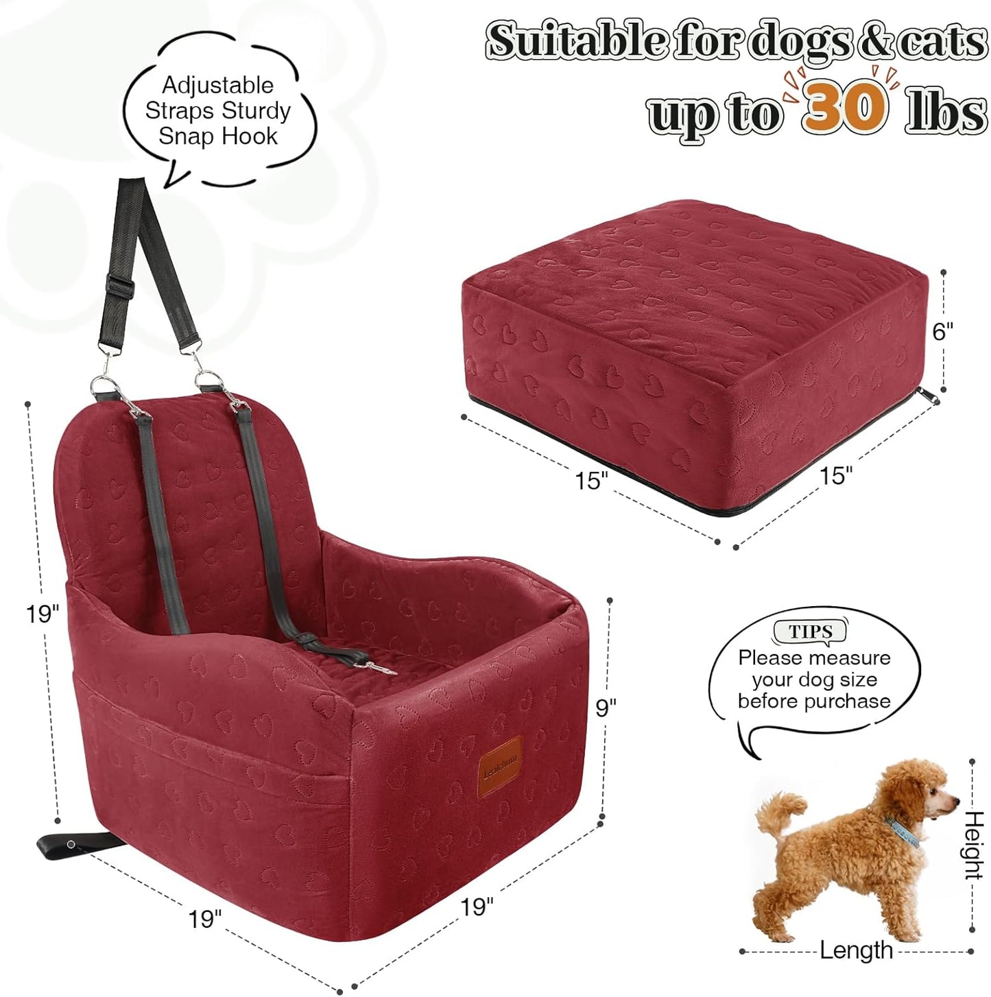 Dog Car Seat for Small/Medium Dogs,6in Elevated Cushion,Fits in Front/Back Seat,Fully Detachable and Washable,2 Storage Pockets,Easy to Install (Red, Medium) - Pet Explorer