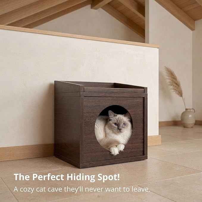Meowdium Cat House – Cat Condo with Cardboard Scratcher, Scratching Post, Bed & Toy Storage, Cozy Cat Furniture & Accessories for Indoor Cats, Espresso