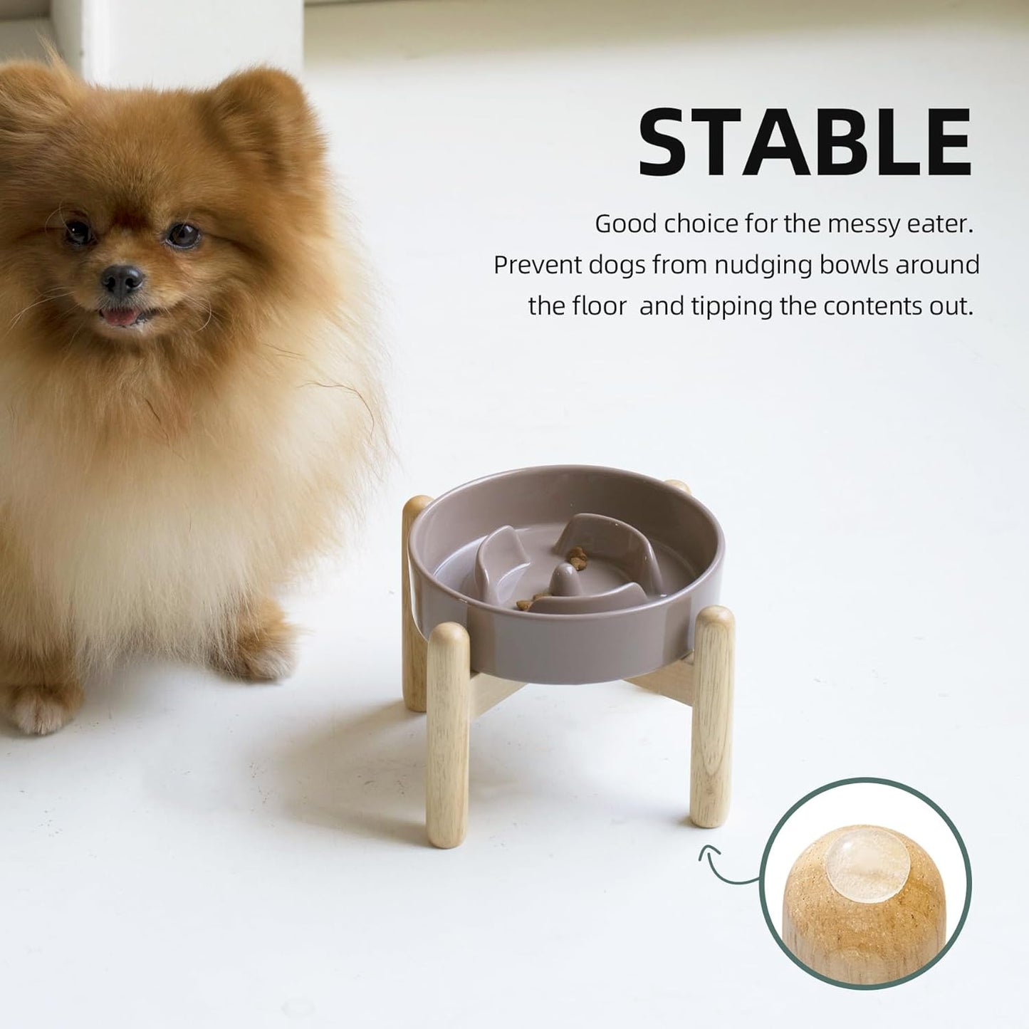 6.1inch Ceramic Raised Slow Feeder Set, Elevated Bowl with Wooden Stand for Small Dog and Cat, Puzzle Slow Dog Food Dish, Preventing Choking(Brown Coffee, Single Bowl+ Stand) - Pet Explorer
