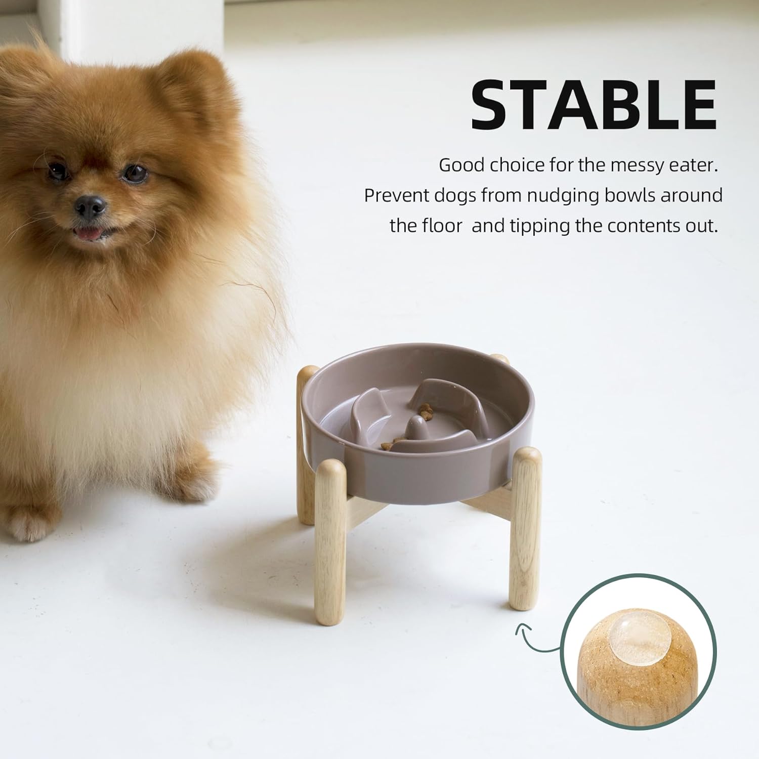 6.1inch Ceramic Raised Slow Feeder Set, Elevated Bowl with Wooden Stand for Small Dog and Cat, Puzzle Slow Dog Food Dish, Preventing Choking(Brown Coffee, Single Bowl+ Stand) - Pet Explorer